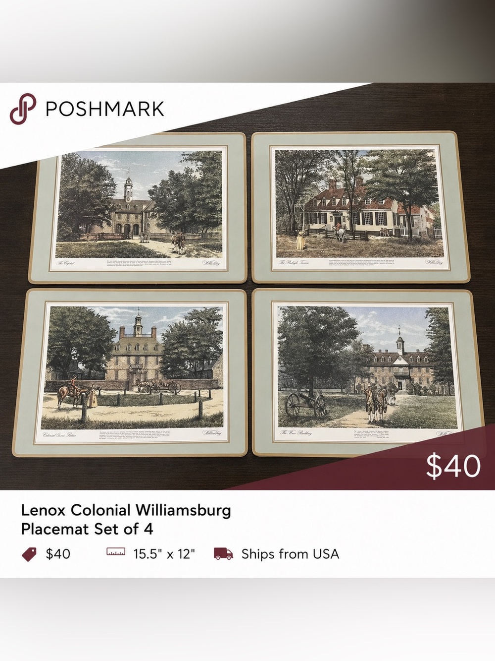 Pimpernel Williamsburg Acrylic Place Mats w/ Cork Back Set of 4 Made in England